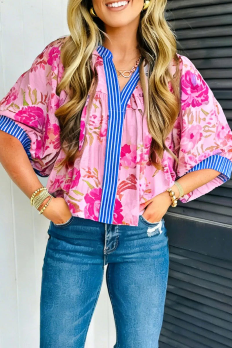 Fuchsia pink floral relaxed fit blouse front view