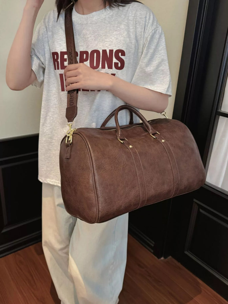 Brown PU leather travel duffel bag front view