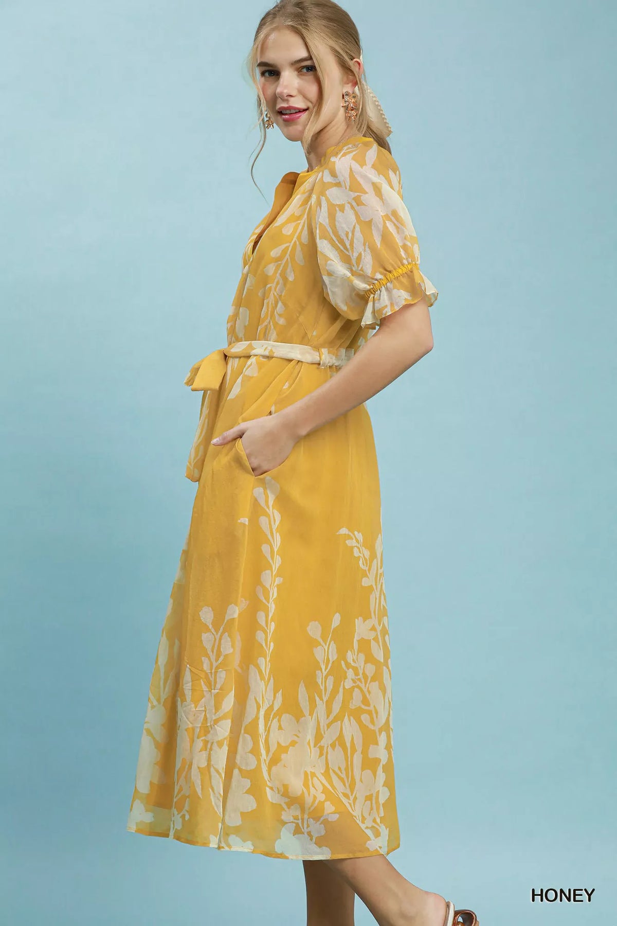 Honey floral midi dress puff sleeve detail