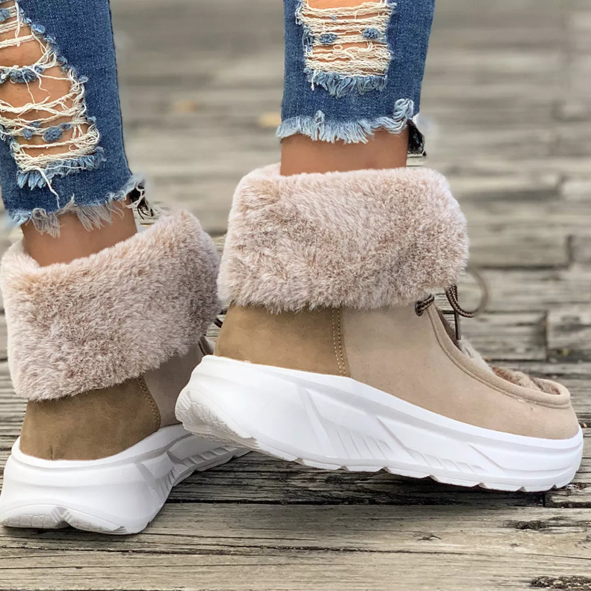 Warm fur lined ankle boots back heel view