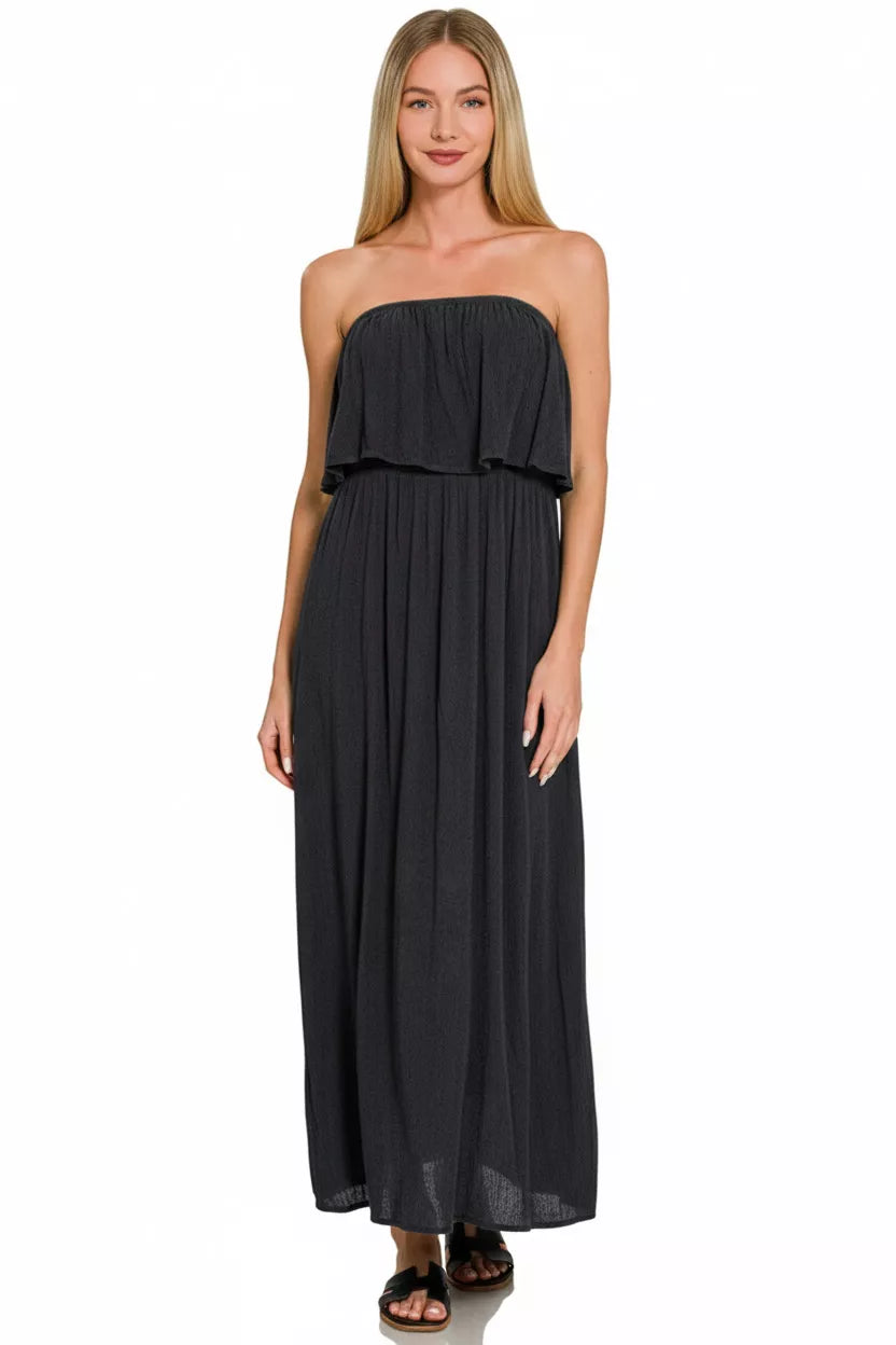 Zenana crinkle strapless maxi dress in black back view