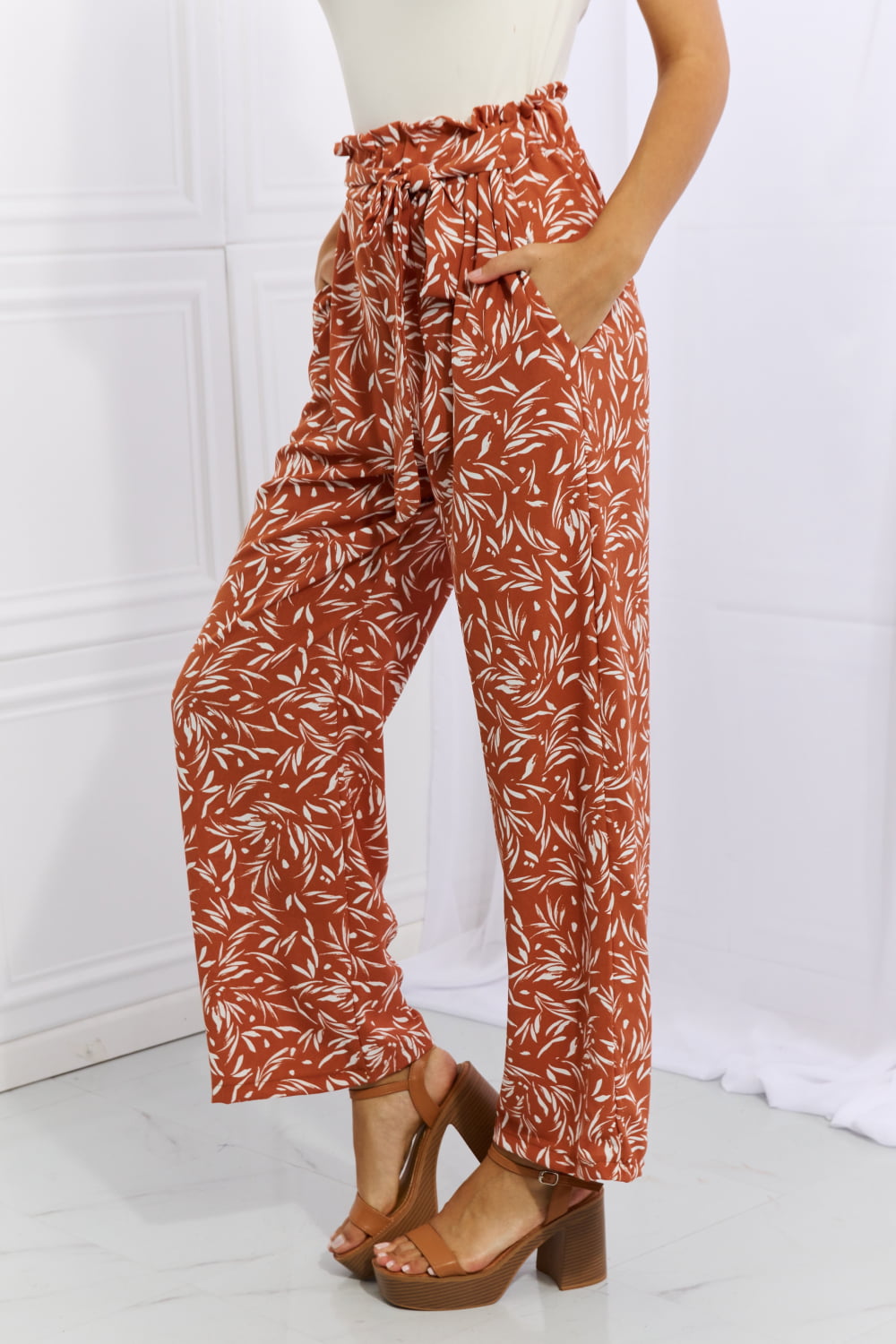 Back view of the printed pants and elastic waistband