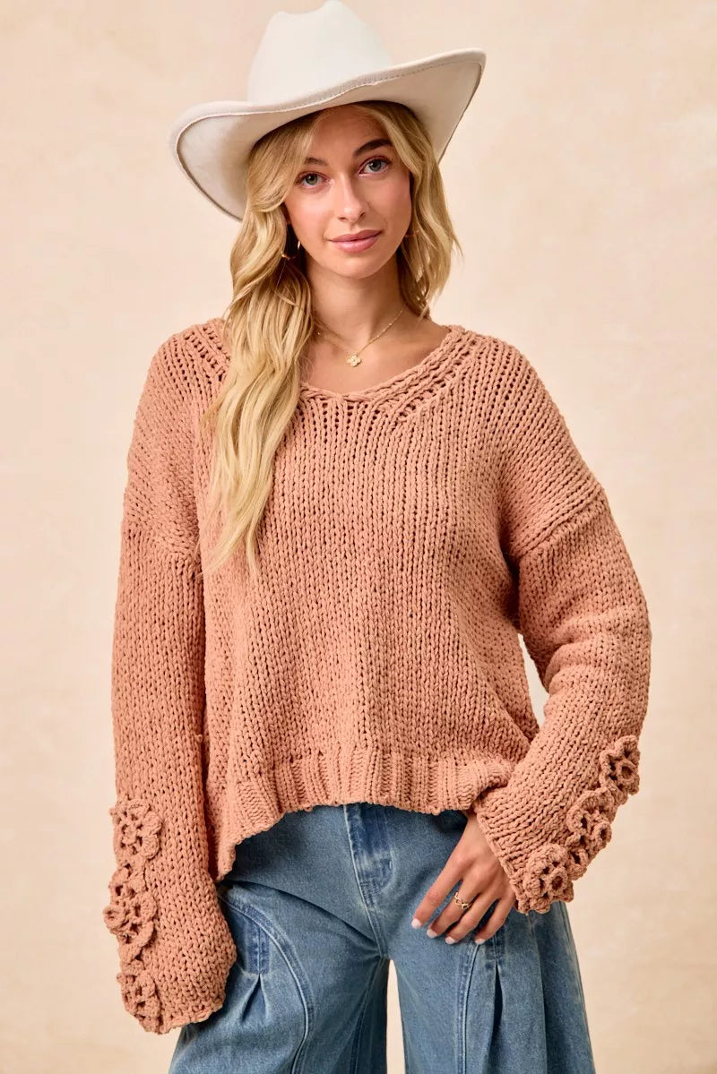 Chunky Knit Sweater with Floral Sleeves in Dusty Peach view 16