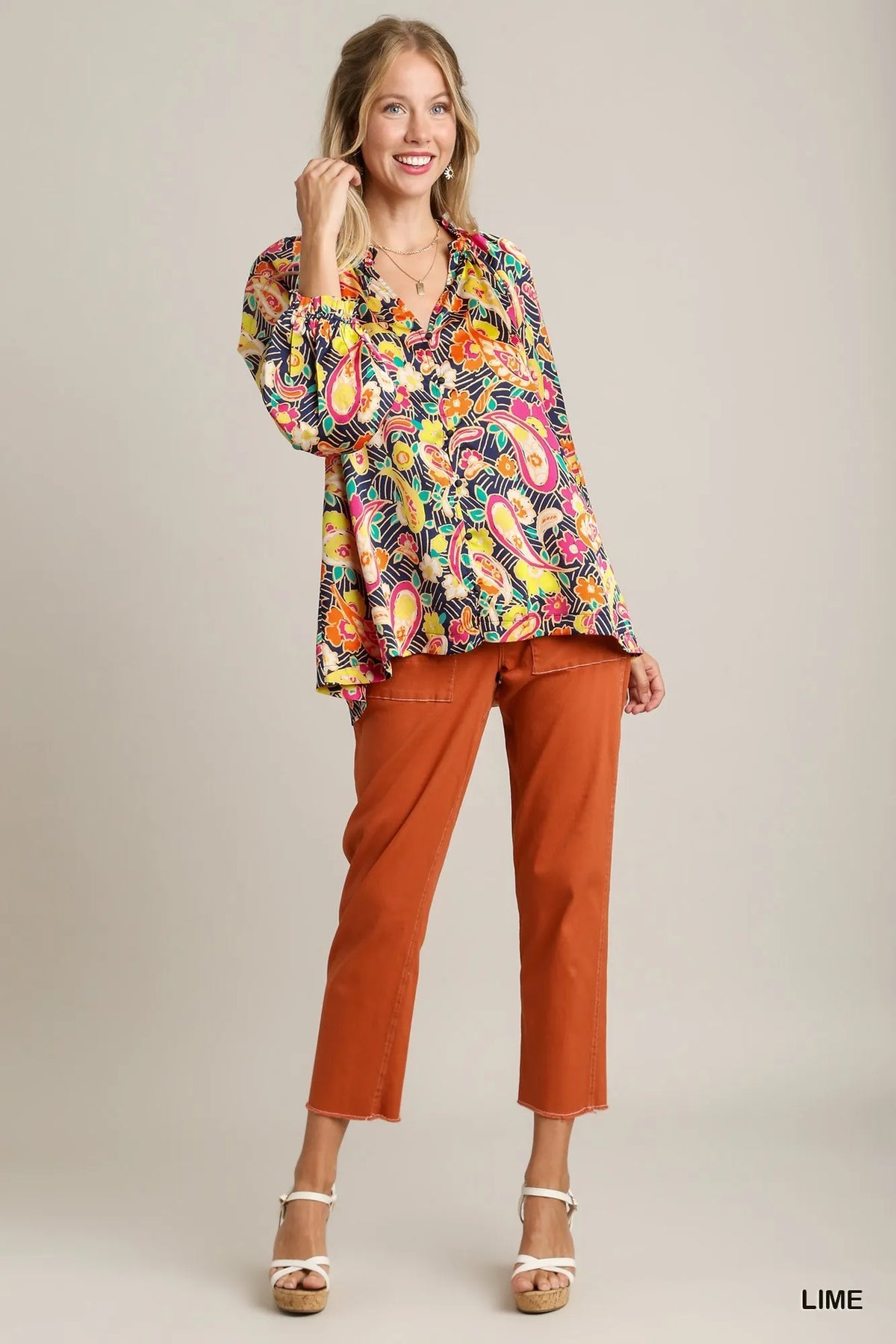 Multicolor paisley shirt side styling detail