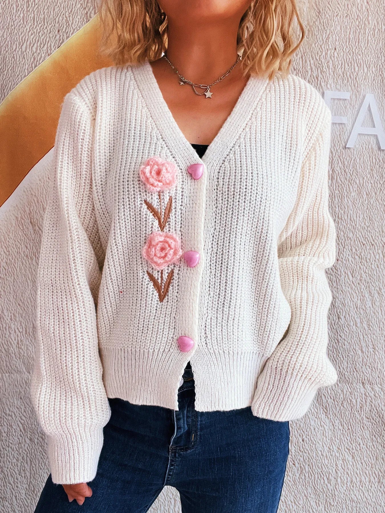 Flower V-Neck Button Up Cardigan - Fashorio