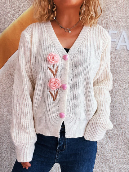 Flower V-Neck Button Up Cardigan - Fashorio