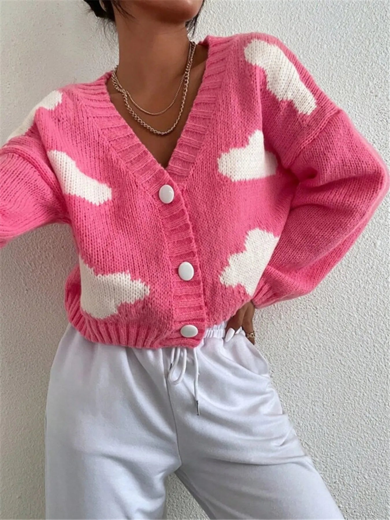 Contrast Cloud Pattern Cropped Button-Up Cardigan - Fashorio