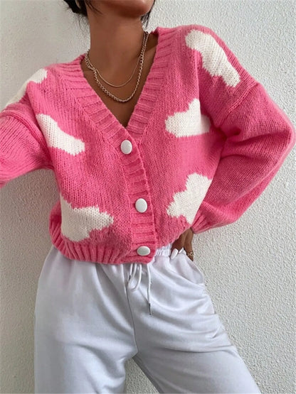 Contrast Cloud Pattern Cropped Button-Up Cardigan - Fashorio