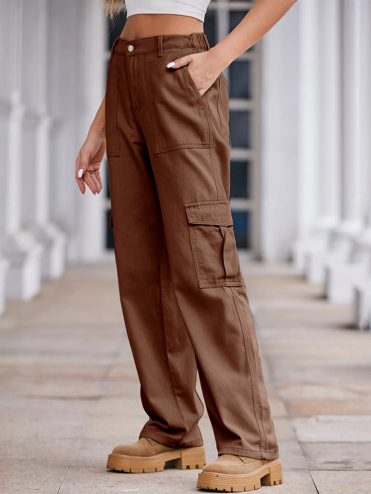 Brown high waist cargo jeans view