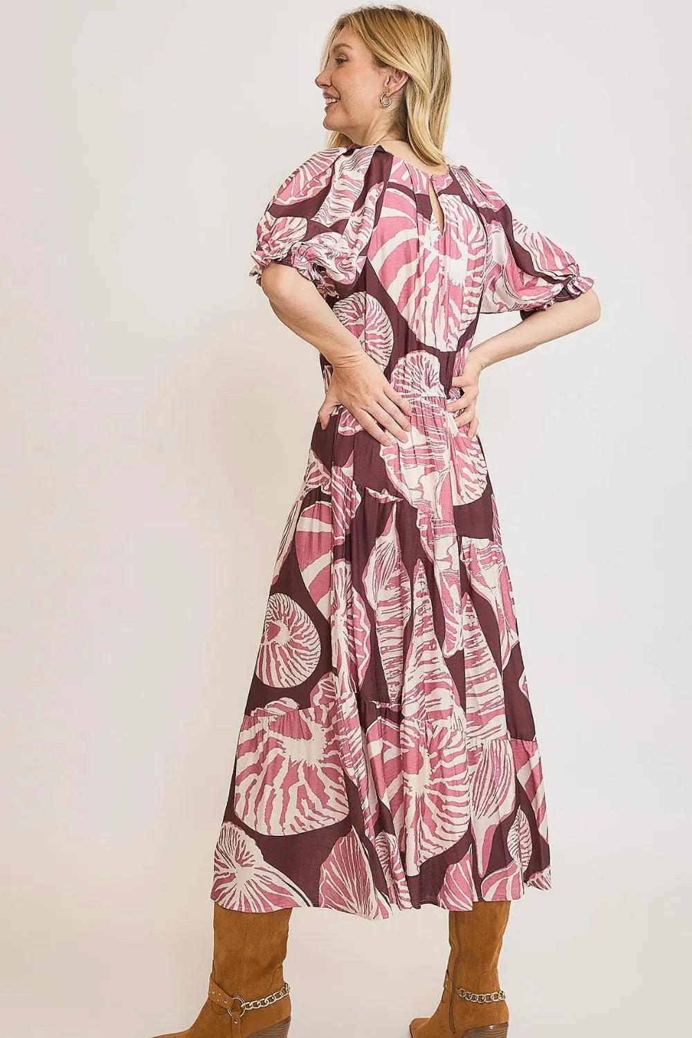 Printed Notched Puff Sleeve Midi Dress side view