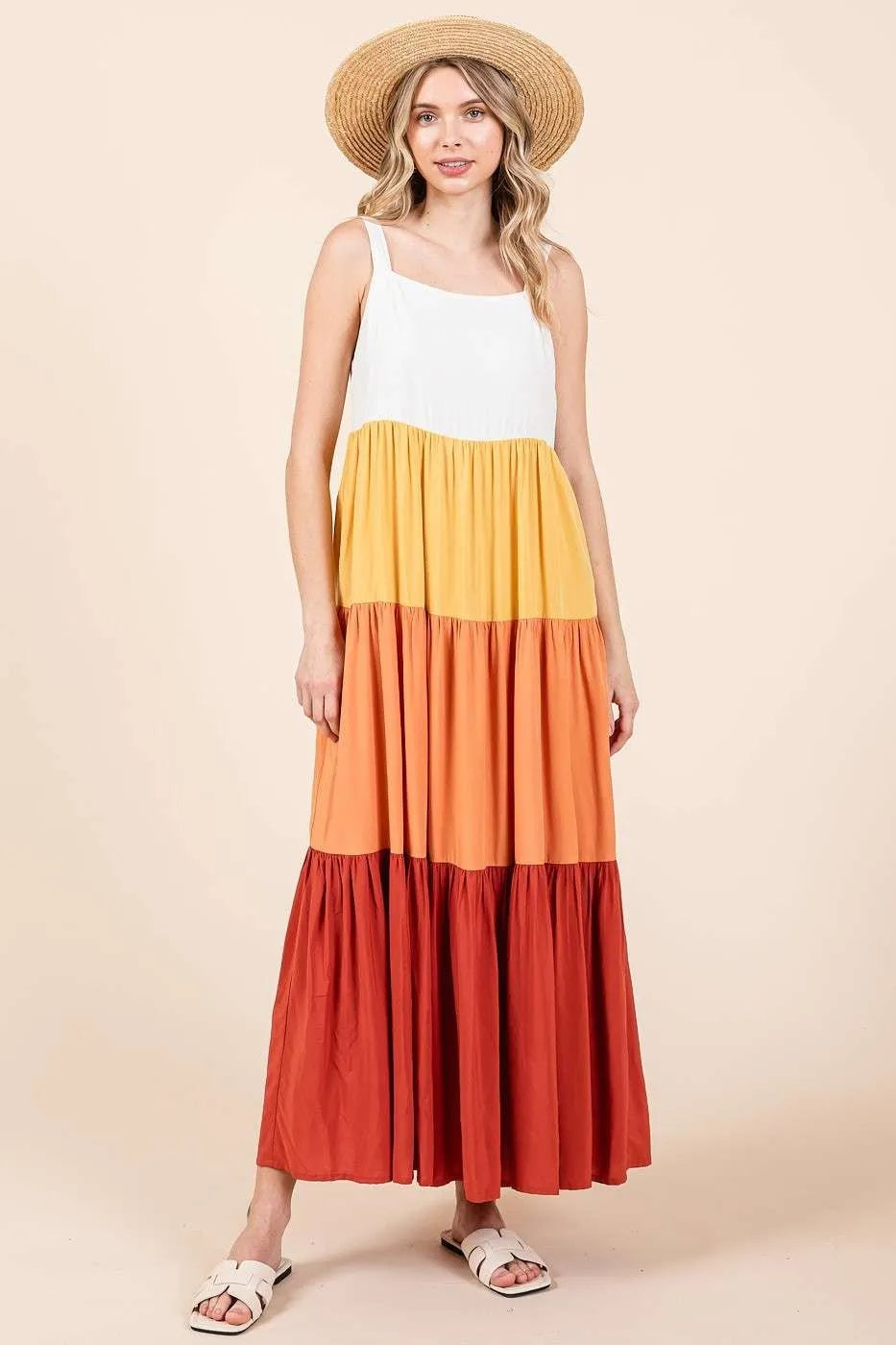 Mittoshop color block tiered maxi dress in apricot multi side view