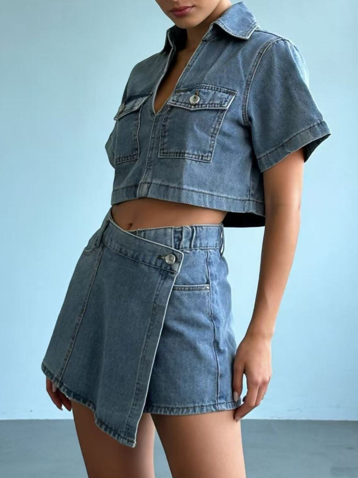 Blue denim skort back view
