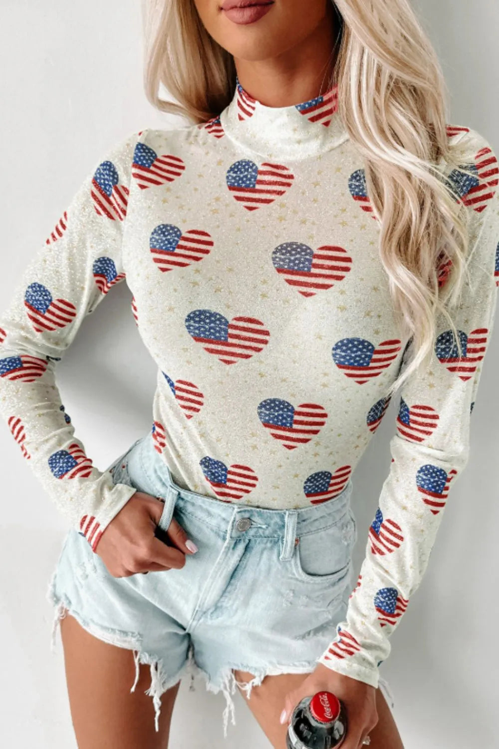 US Flag Heart Mock Neck Long Sleeve Bodysuit White - Fashorio