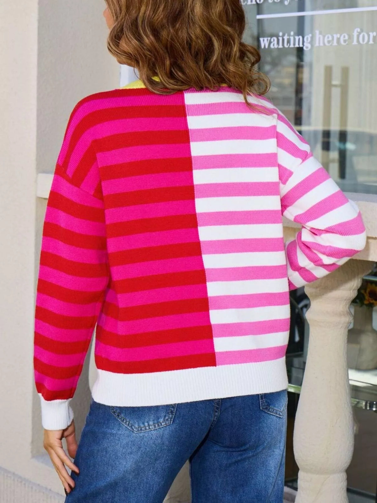 striped round neck sweater close up detail