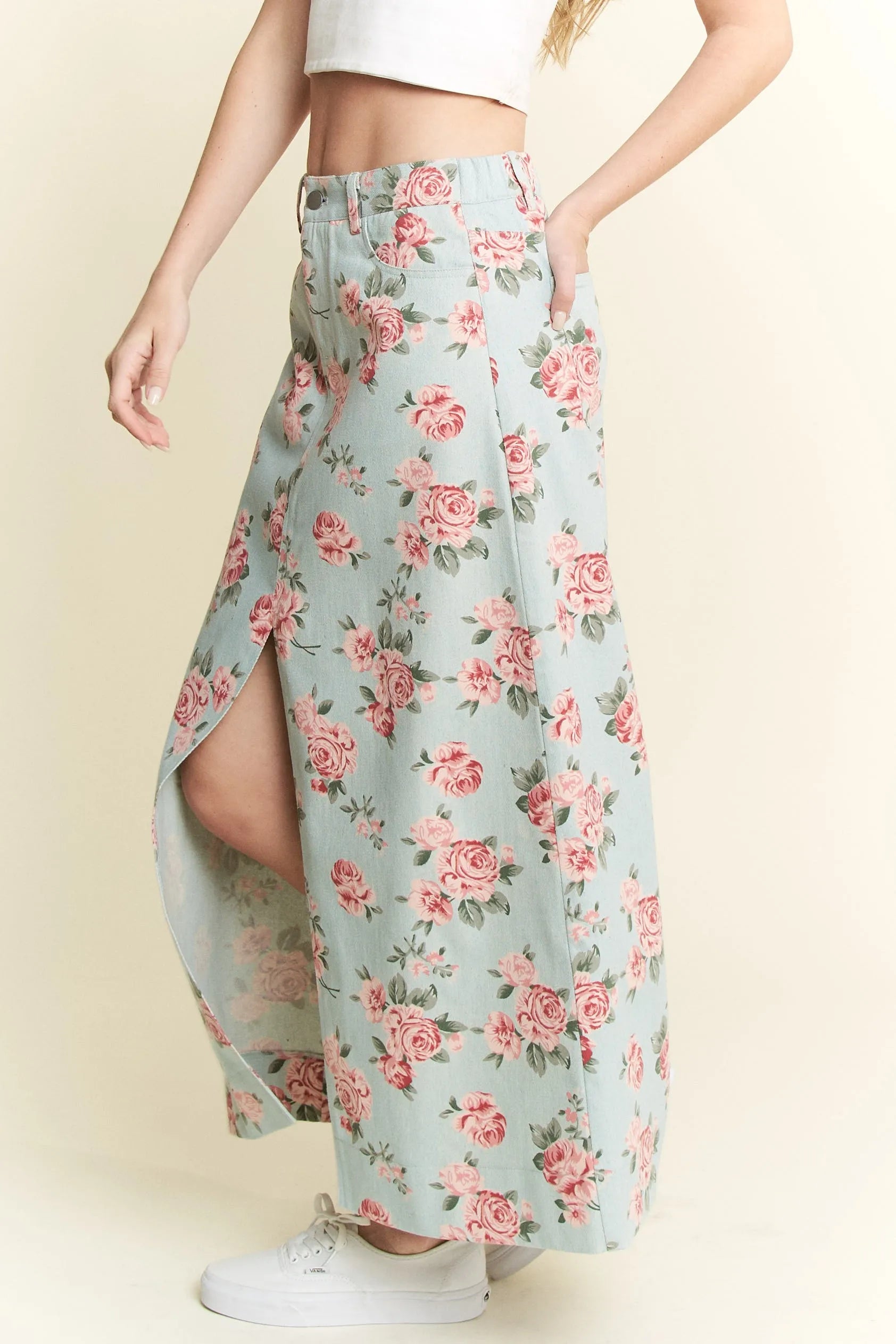 Jade By Jane Full Size Floral Print Front Slit Denim Maxi Skirt Plus Size - Fashorio
