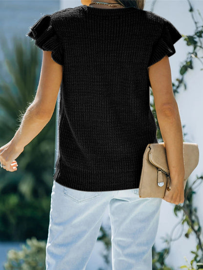 Round Neck Cap Sleeve Sweater - Fashorio