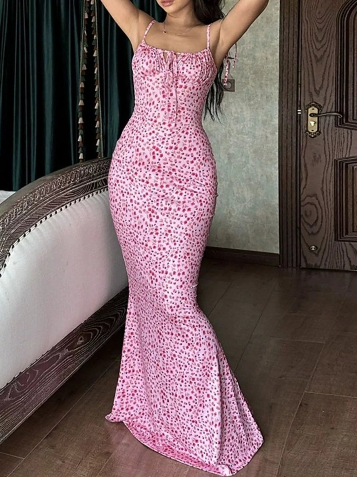 Floral tie strap bodycon maxi dress side view
