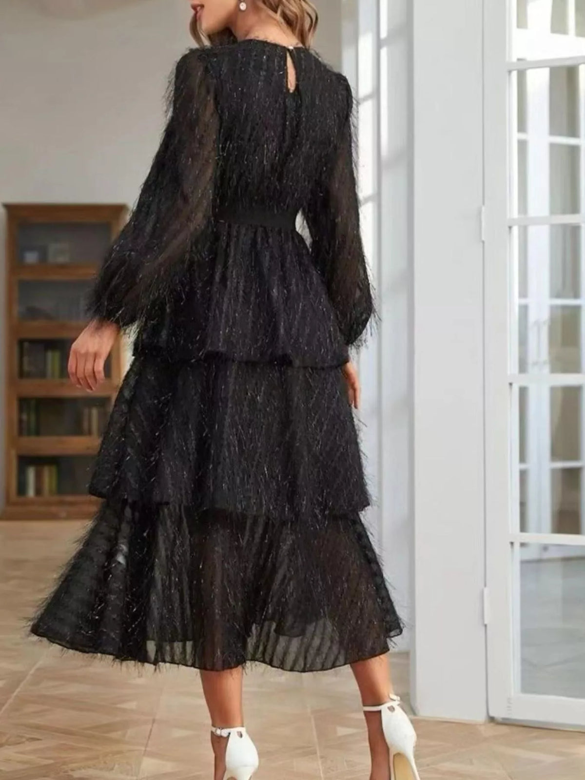 Layered Balloon Sleeve Midi Dress, view 6