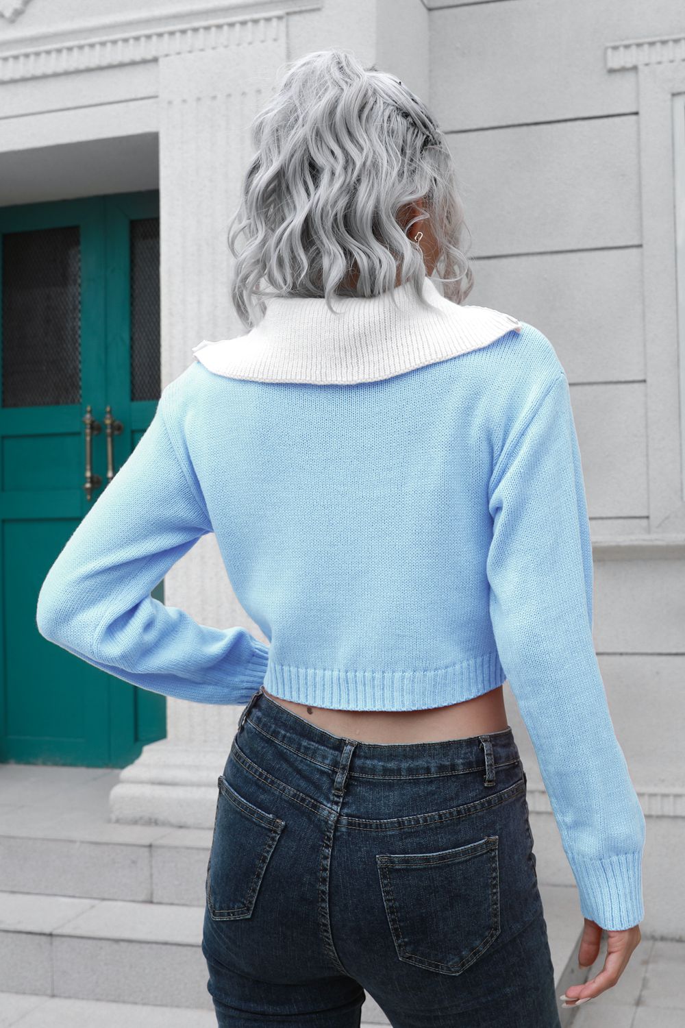Contrast Collared Cropped Sweater - Fashorio