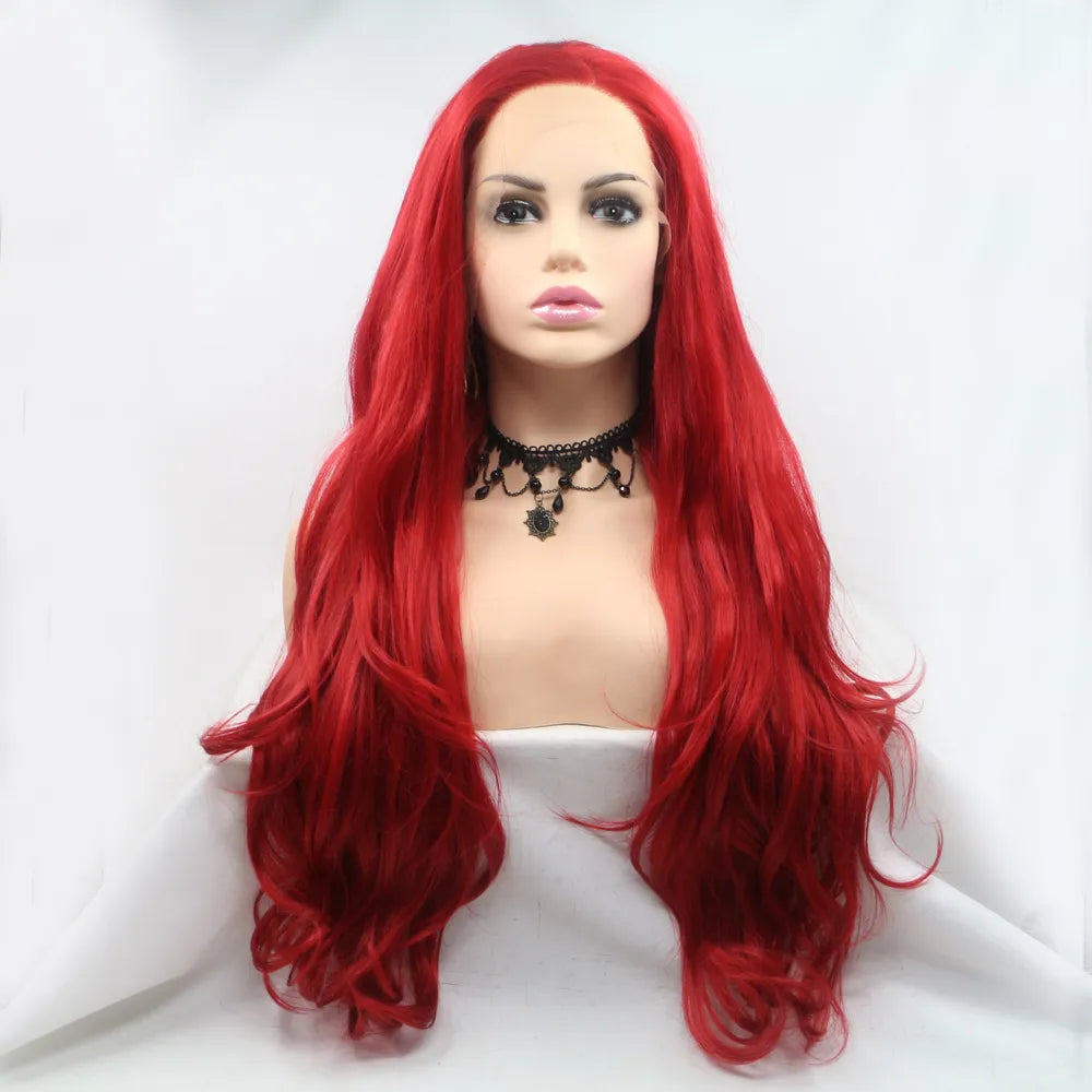 Red long wavy lace front wig front view