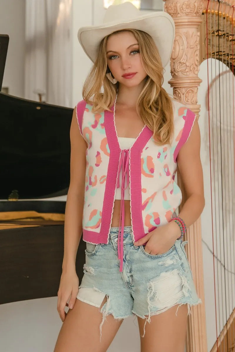 Leopard Sweater Vest with Front Tie in Ivory and Pink view 9