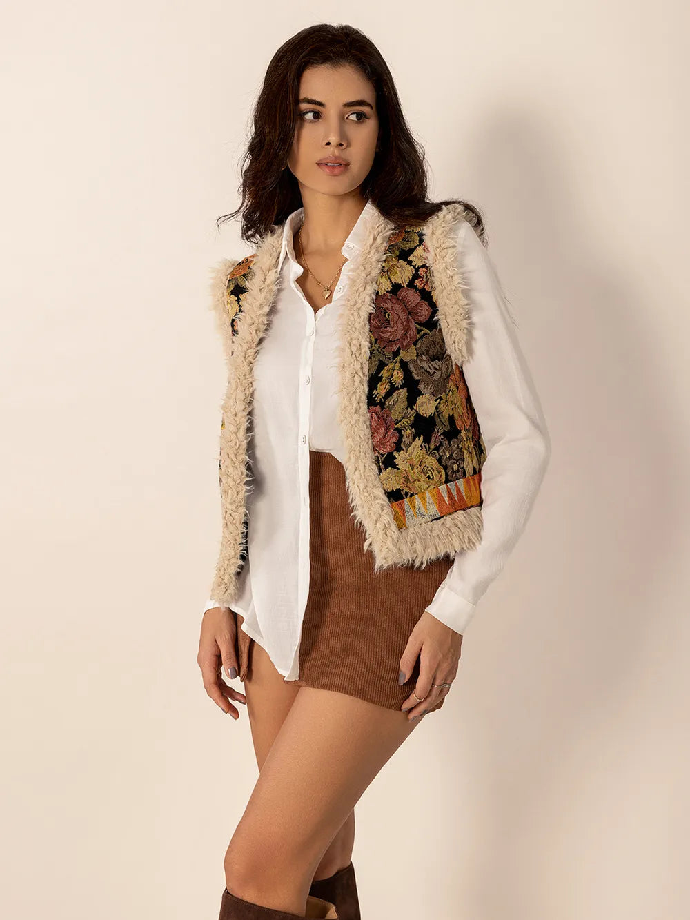 Embroidered Fuzzy Trim Open Front Vest Coat - Fashorio