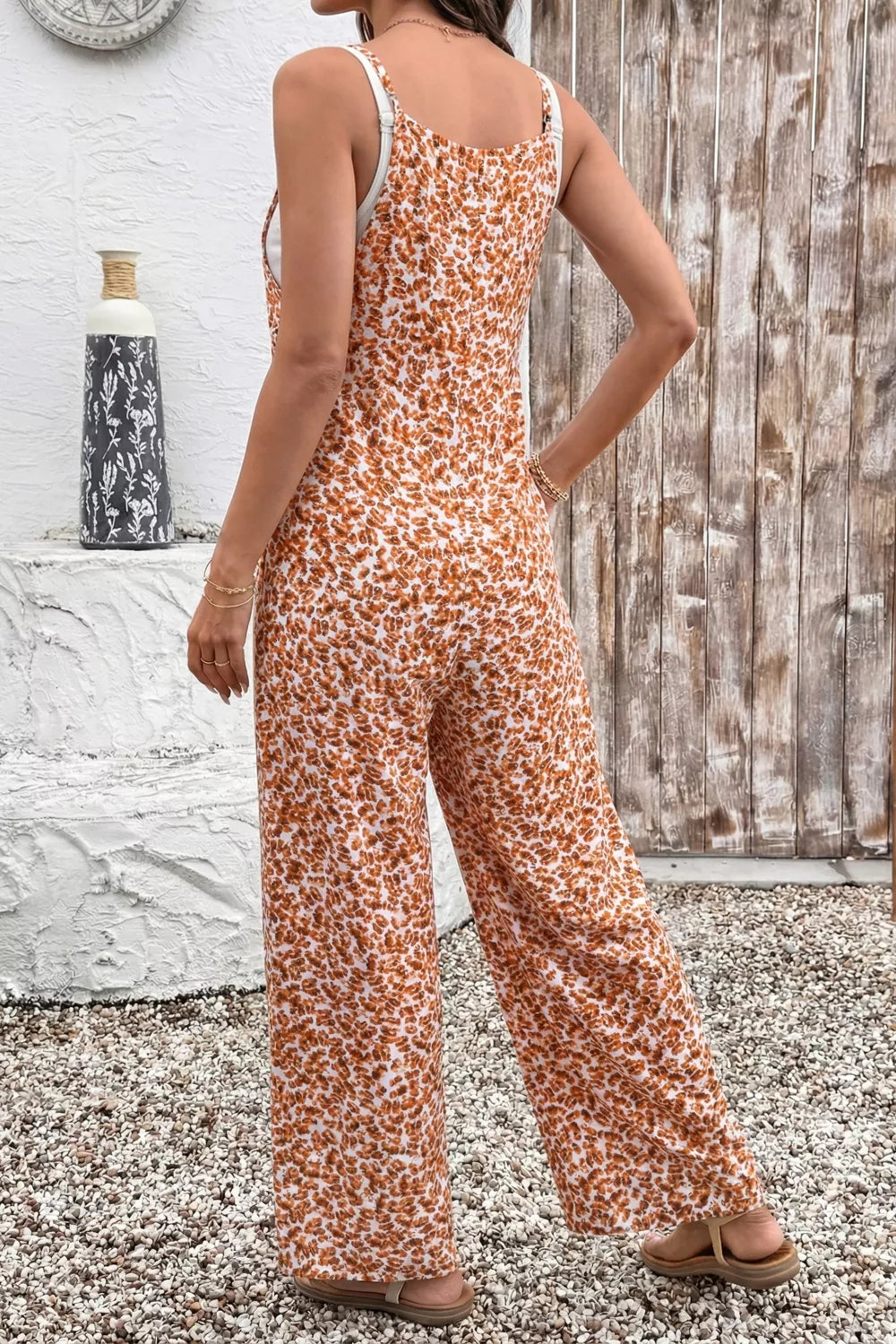 Sherbet floral spaghetti strap wide leg jumpsuit detail view