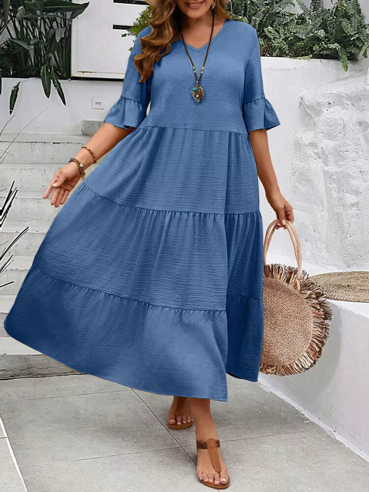 Plus Size Ruffle Sleeve Tiered Midi Dress, view 12