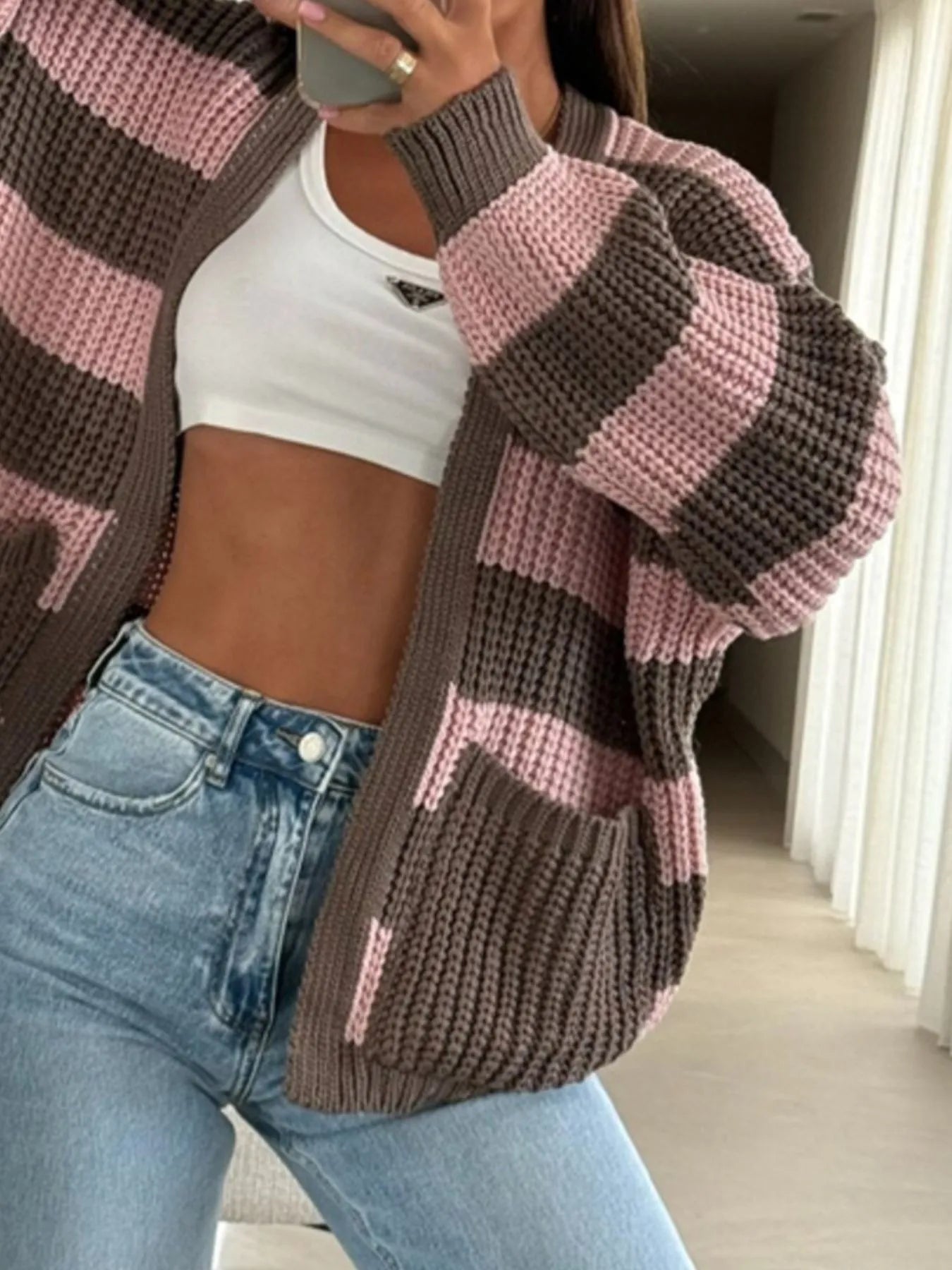 Striped Open Front Long Sleeve Cardigan Pink - Fashorio