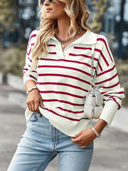 Ribbed Hem Long Sleeve Striped Sweater - Fashorio