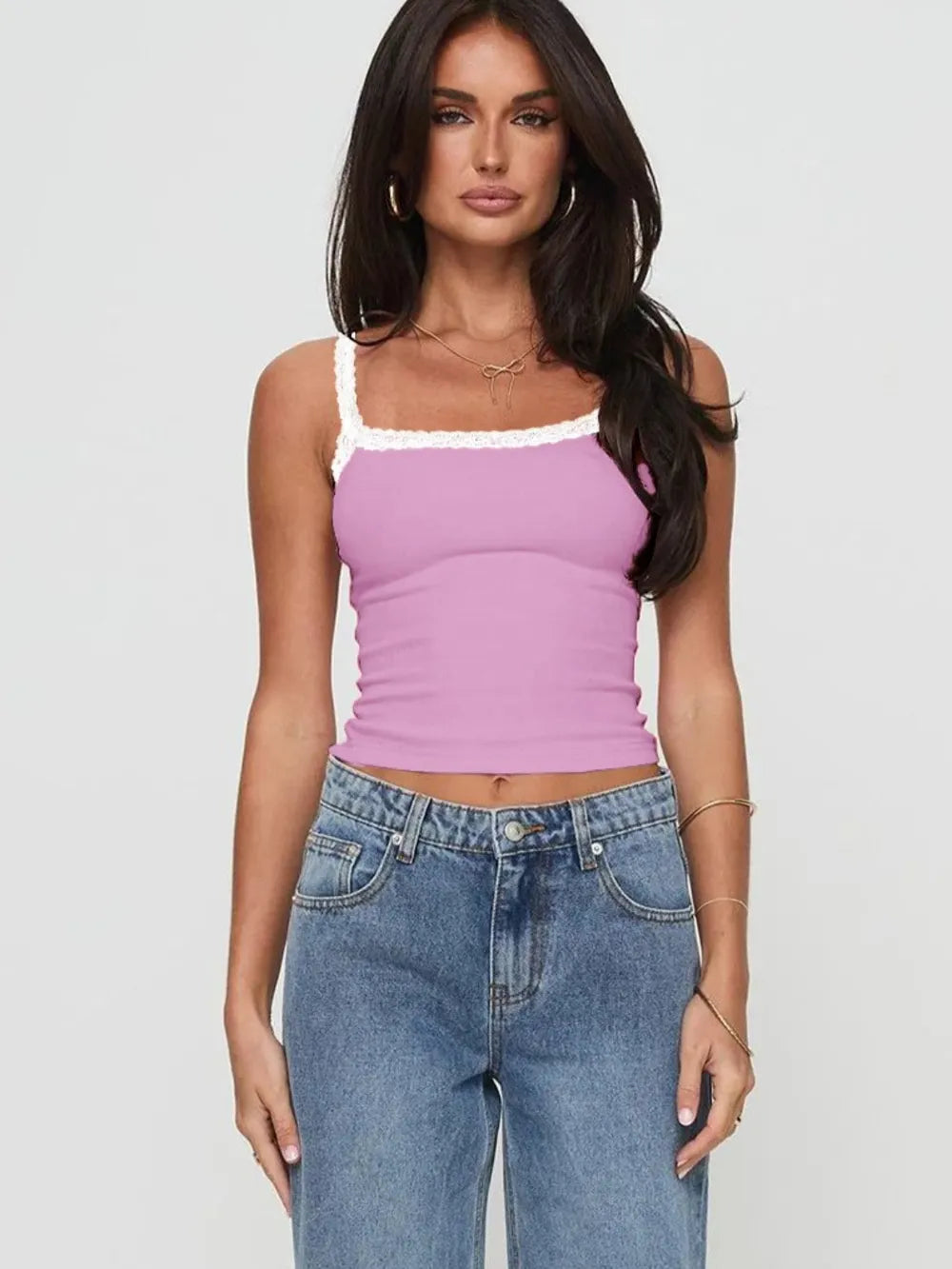 Close up of lace detail cropped cami top fabric