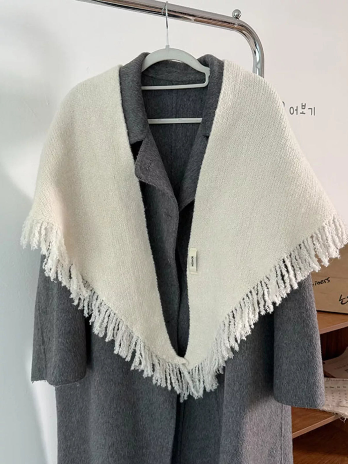 Neutral knit wrap scarf full length view