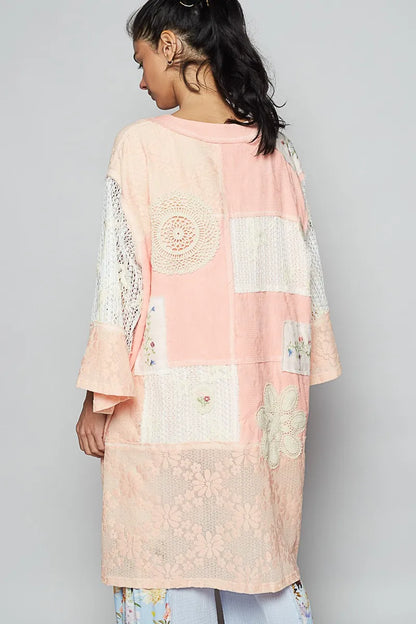POL Double Gauze and Lace Mix Cardigan with Embroidered Detail - Fashorio