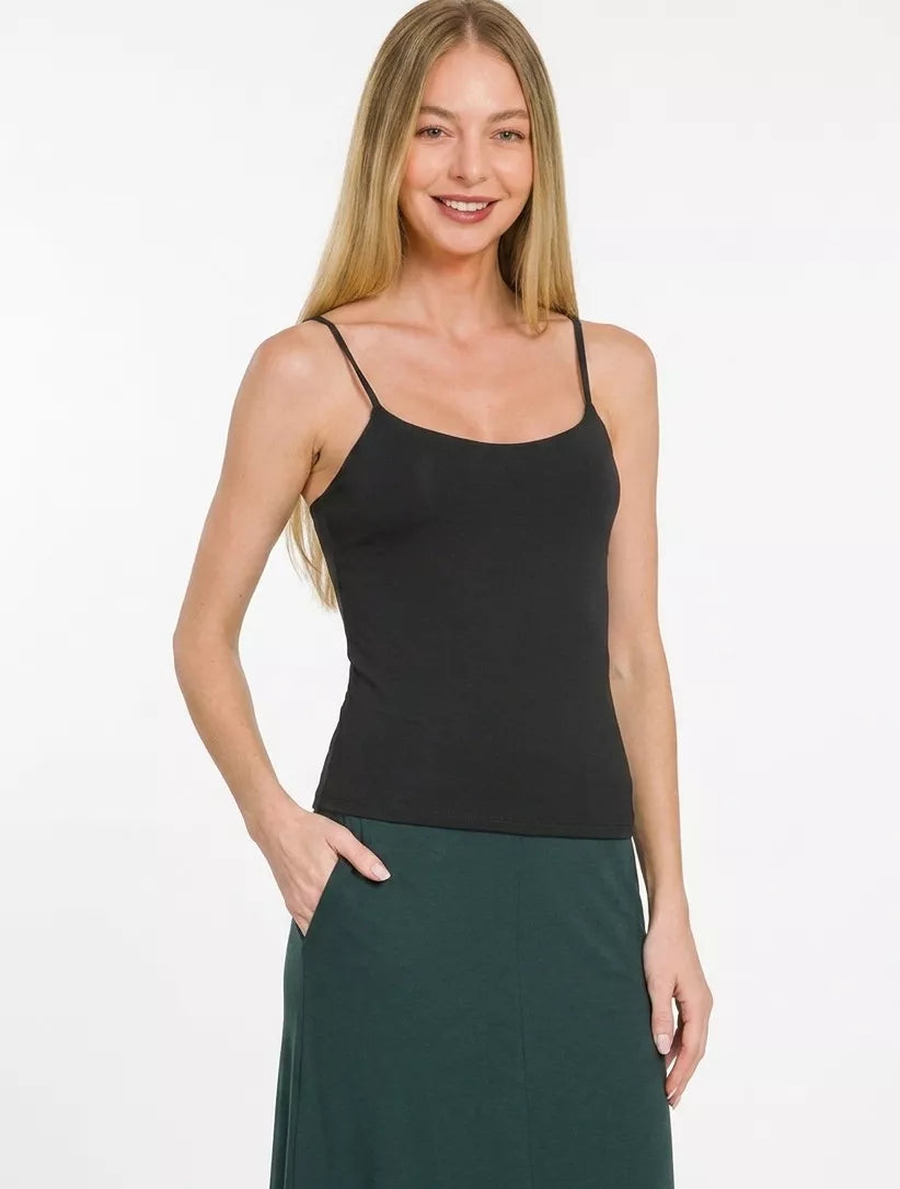 Detail of spaghetti straps and round neck on black cami
