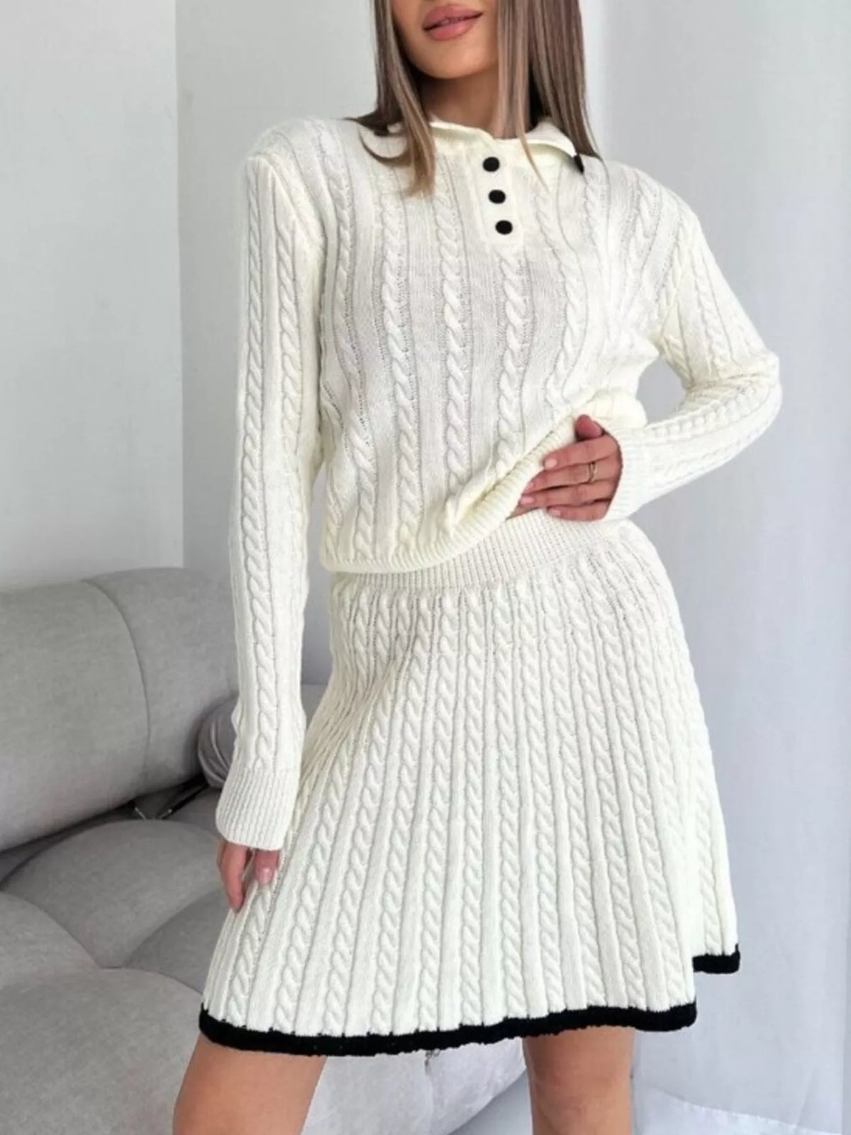 Cable knit long sleeve top and skirt sweater set front view