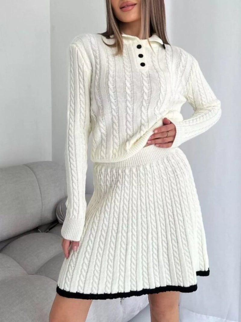 Cable knit long sleeve top and skirt sweater set front view