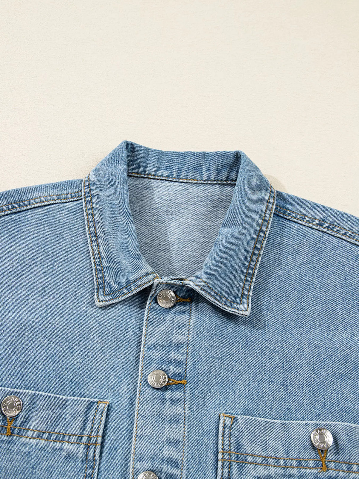 Patch Pocket Side Tie Denim Jacket in Medium Wash close up
