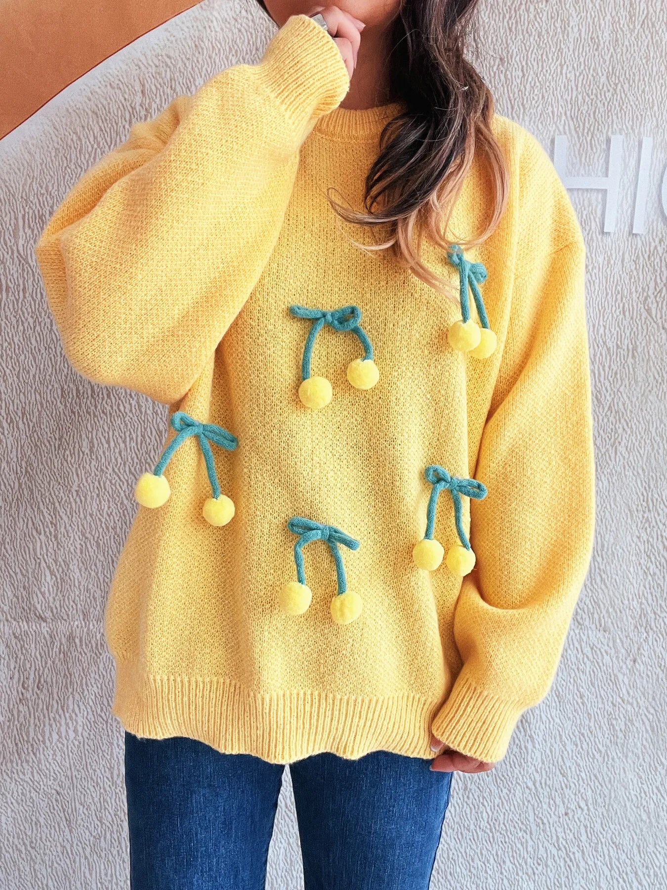 Cherry Round Neck Long Sleeve Sweater Yellow One Size - Fashorio
