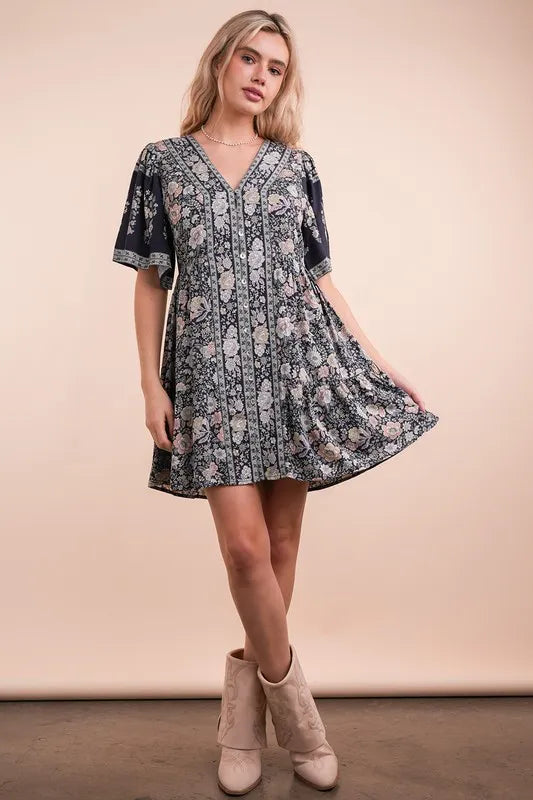 Shirring Detail Printed Woven Mini Dress