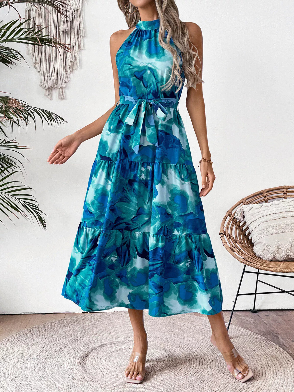 Blue floral tie waist tiered midi dress back view