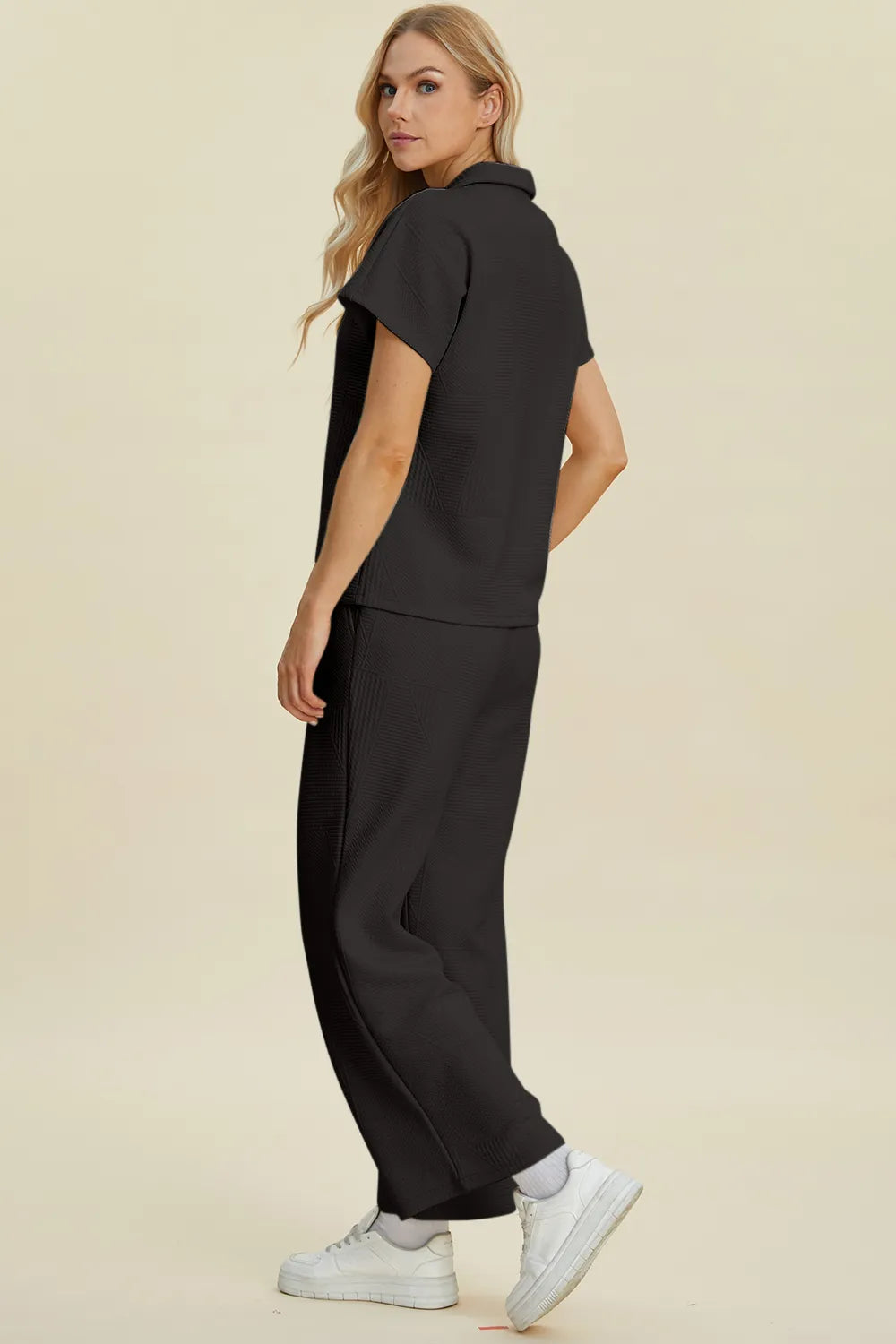 Double Take Full Size Collared Neck Short Sleeve Top and Pants Set - Fashorio