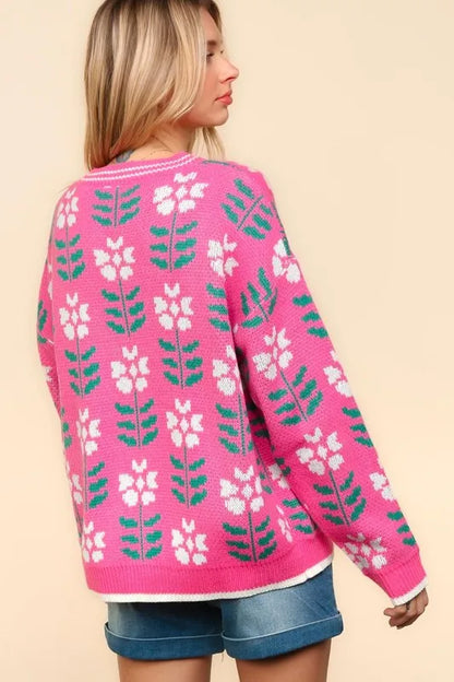 Haptics Full Size Floral Jacquard V-Neck Button Up Cardigan - Fashorio