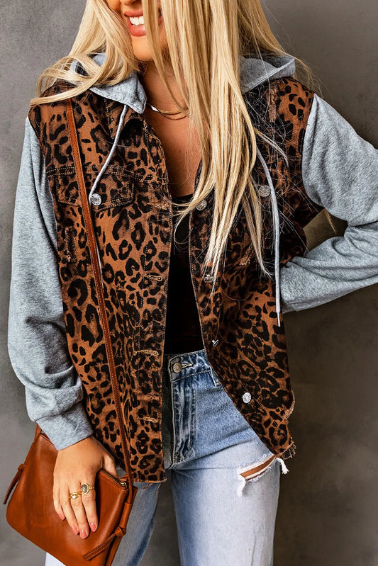 Leopard Distressed Drawstring Hooded Denim Jacket Leopard - Fashorio