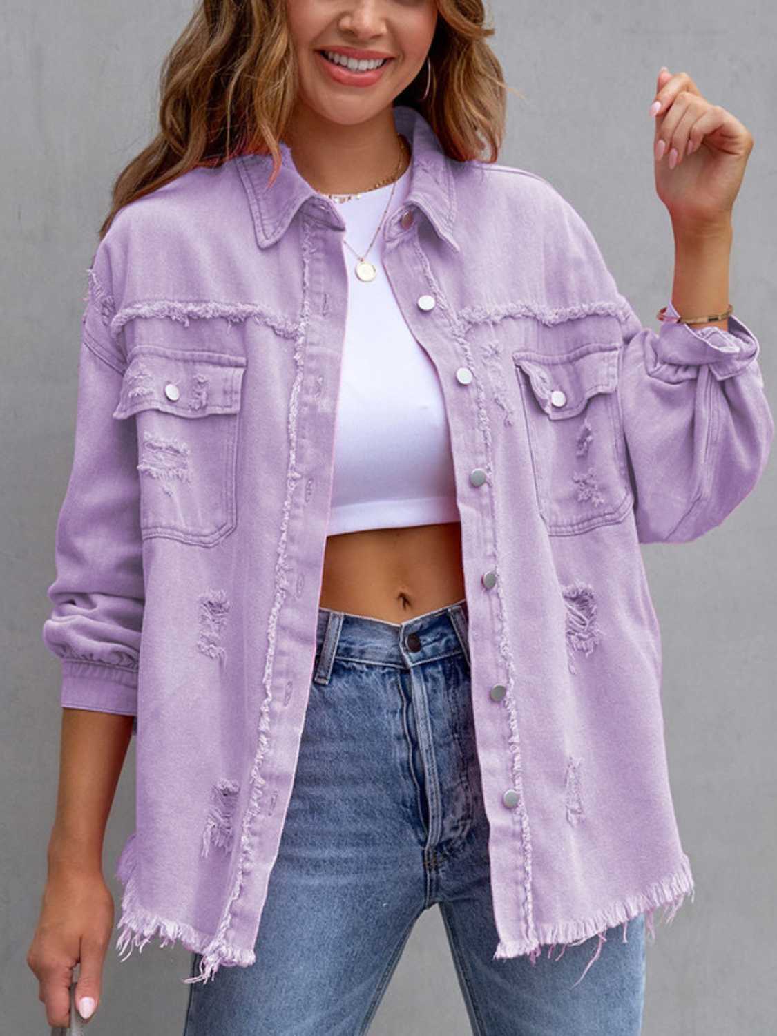 Distressed Drop Shoulder Denim Jacket - Fashorio