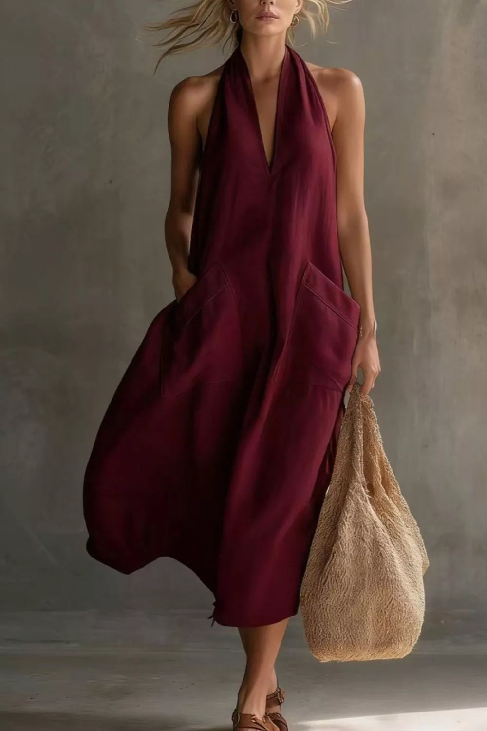 Halter neck pocket midi dress, full length view
