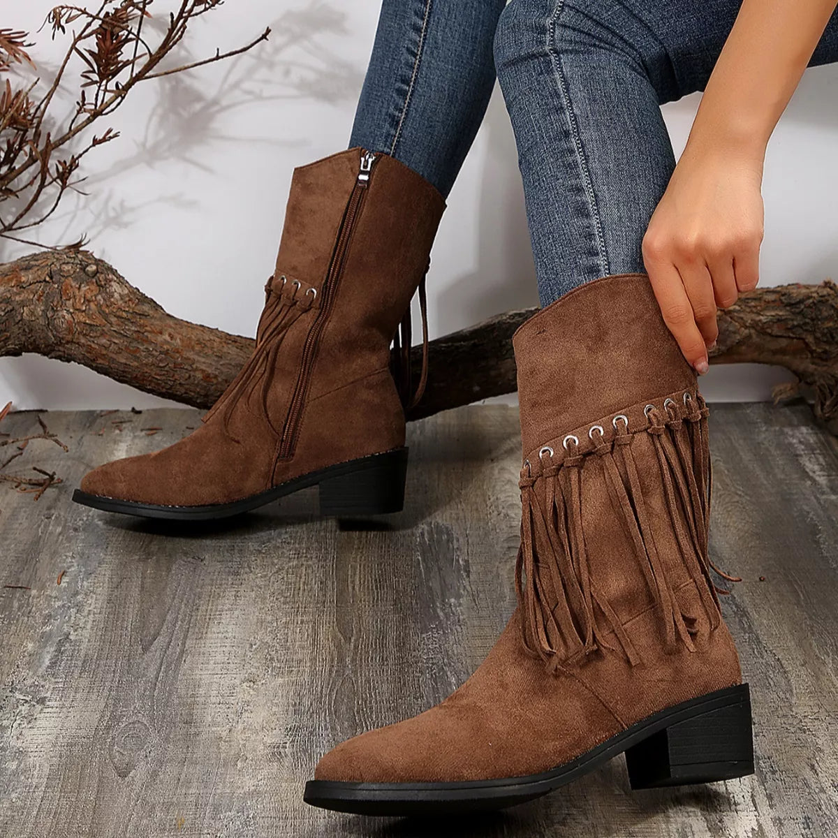 Fringe Western Block Heel Boots toe detail