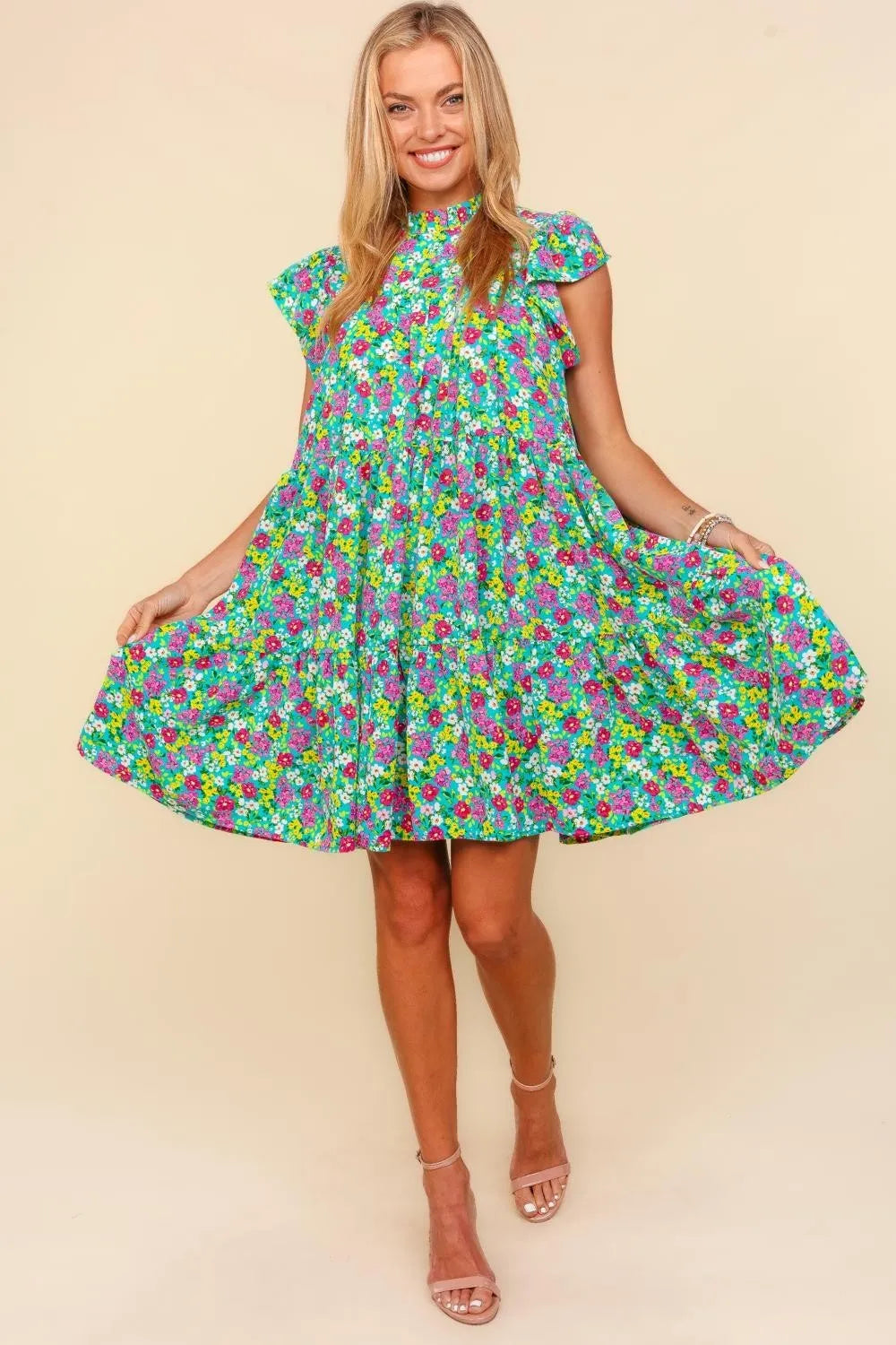 Frilled Mock Neck Ditsy Floral Dress side view