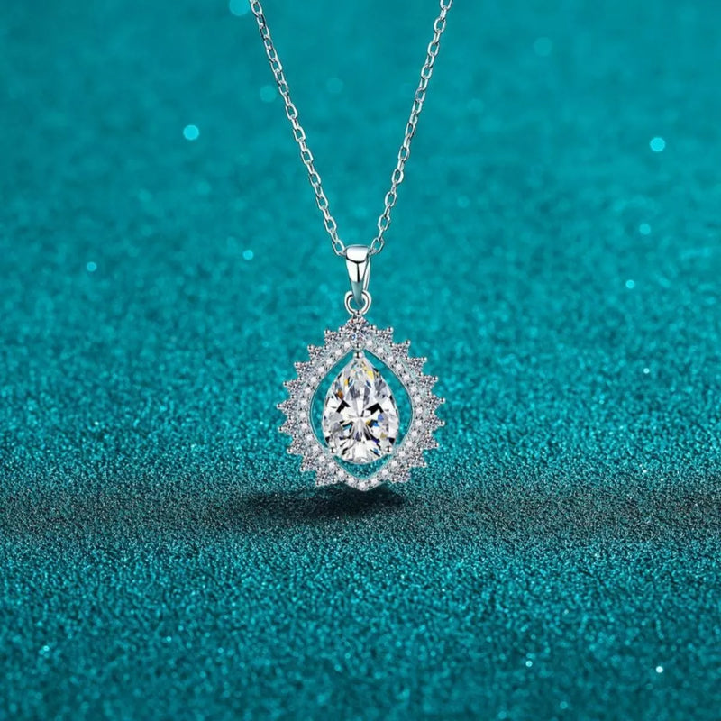 Moissanite teardrop necklace in sterling silver front view