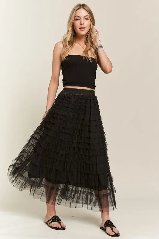 ADORA Elastic Waist Layered Mesh Midi Skirt - Fashorio