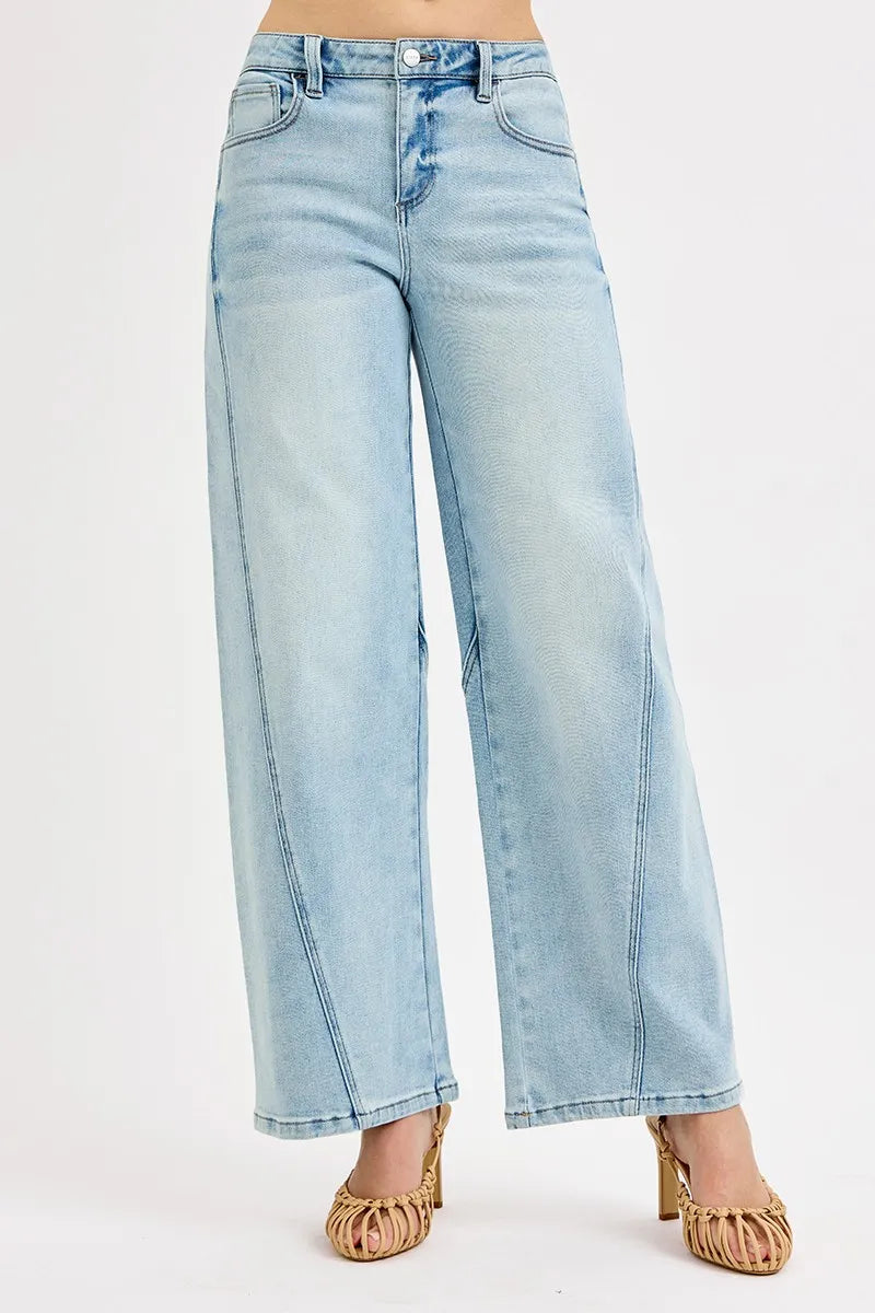 Back view of RISEN mid rise barrel jeans